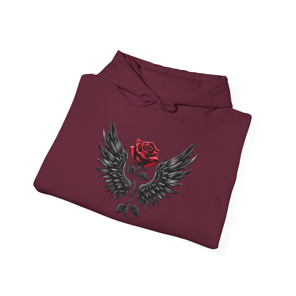 Rose & Wings Hoodie — Gothic Red Rose Skull Graphic Sweatshirt